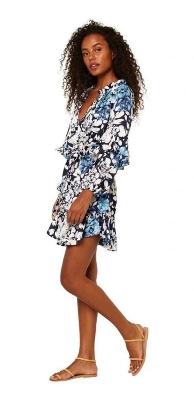 Misa Los Angeles Nehda Ruffled Mini Dress Blue Floral Size Medium